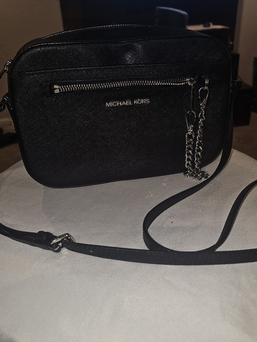 Michael Kors Black Saffiano Crossbody Camera Bag with Chain Detail